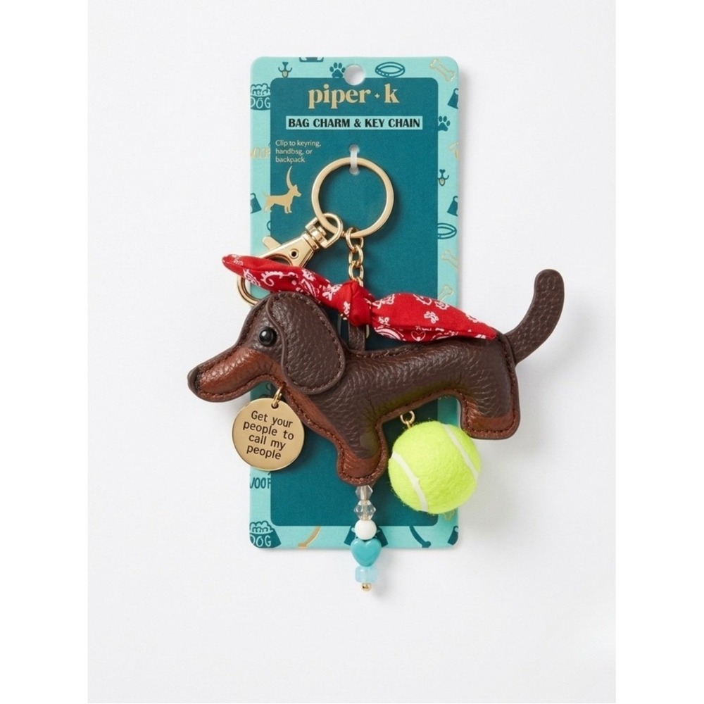Piper + K Dachshund Dog Bag Charm Key Chain Brown Wiener Dog Red Bandana New - Picture 2 of 9